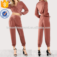 Satin Tie Long Sleeve Crop Top & Matching Pants Set Manufacture Wholesale Fashion Women Apparel (TA4120SS)